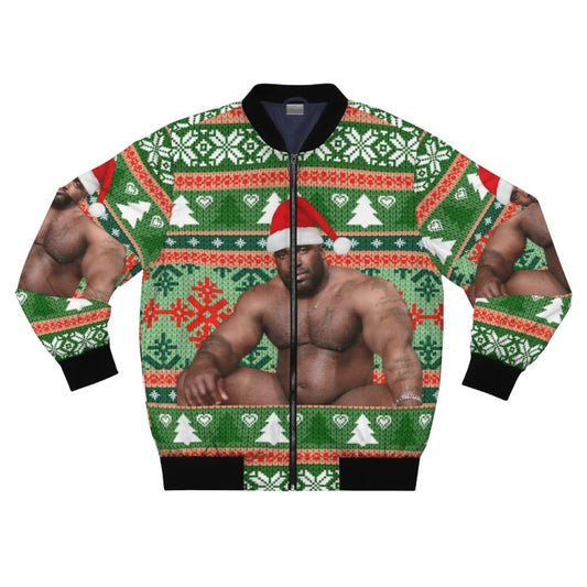 A bomber jacket featuring the iconic image of Barry Wood, a viral meme sensation known for his well-endowed appearance and festive holiday style.