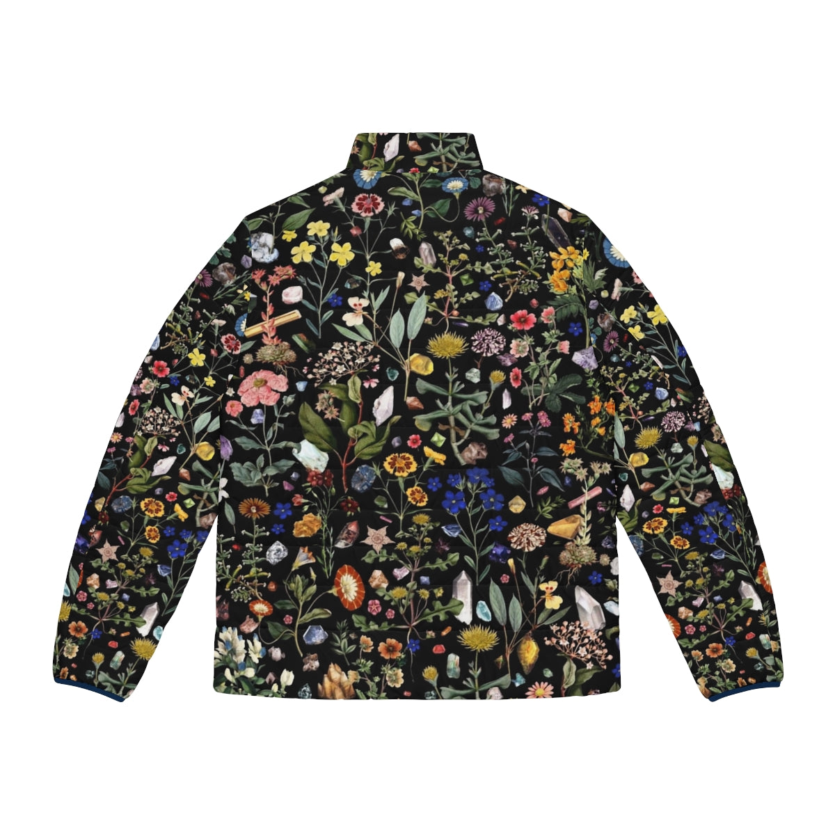 Healing floral puffer jacket with digital plant, flower, and botanical pattern design - Back