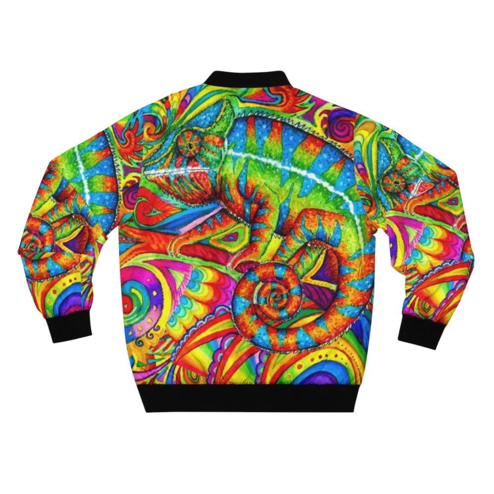 A vibrant and colorful bomber jacket featuring a psychedelic chameleon design. - Back