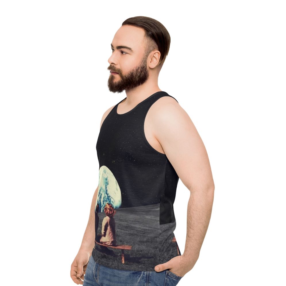 Unisex retrofuture tank top featuring a digital collage of a surreal landscape - men side