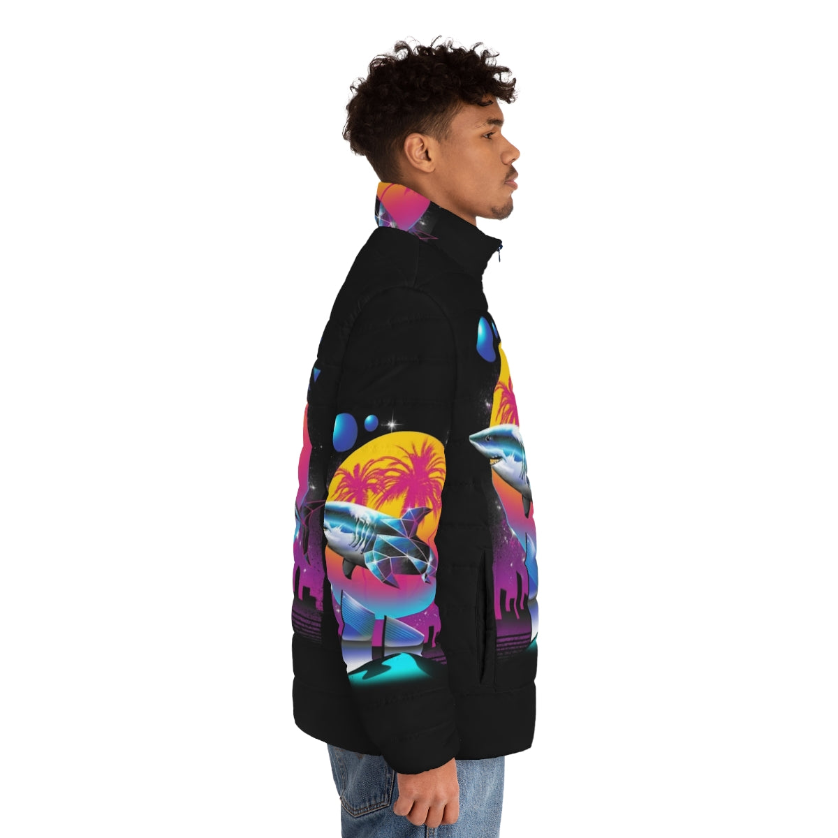 Rad Shark Puffer Jacket with bold animal print and neon accents - men side right