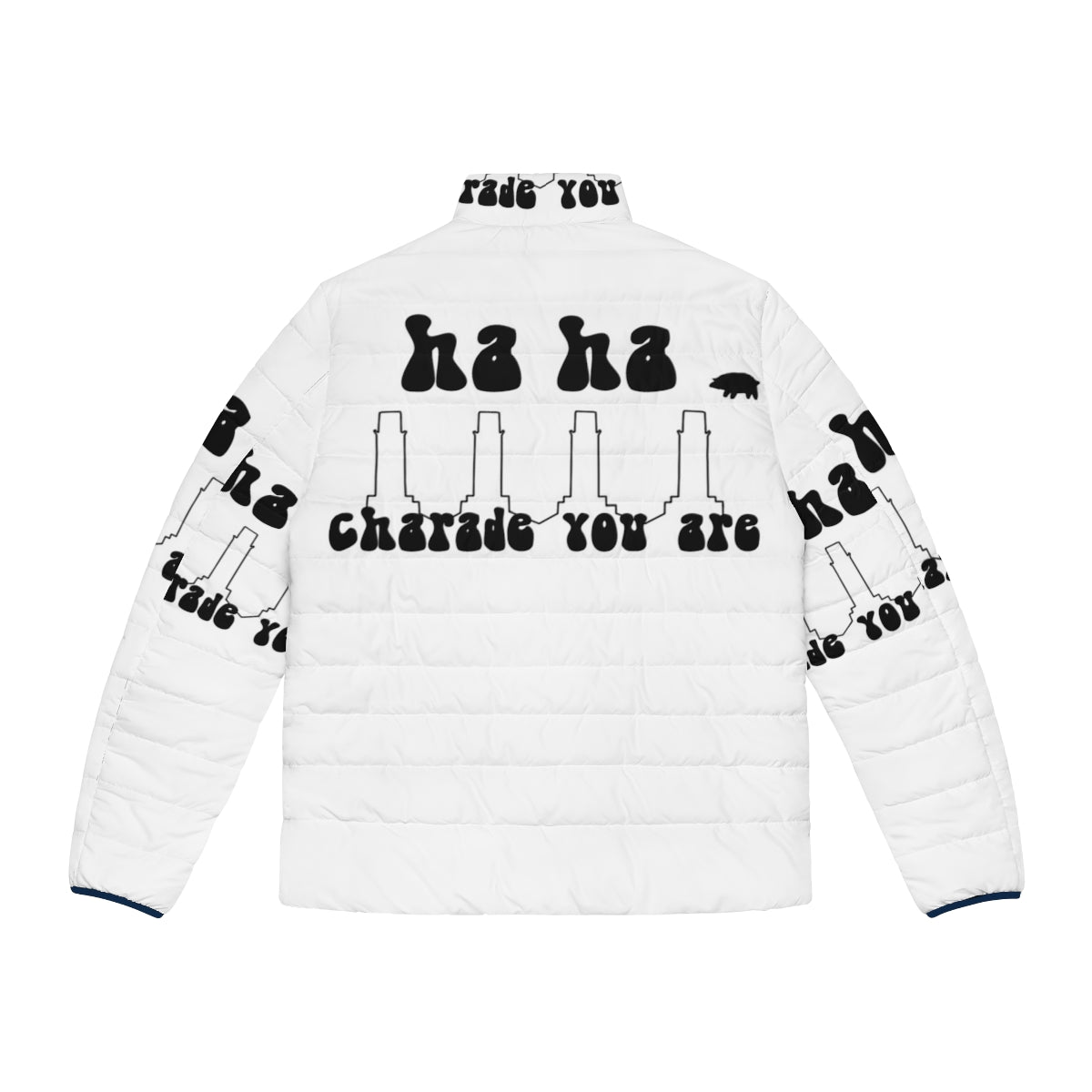 Charade You Are Puffer Jacket featuring a psychedelic design inspired by the album artwork of Pink Floyd's "Animals" - Back