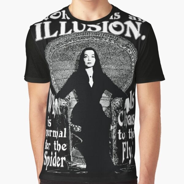 Morticia Addams graphic t-shirt with quote "Normal Is An Illusion..."