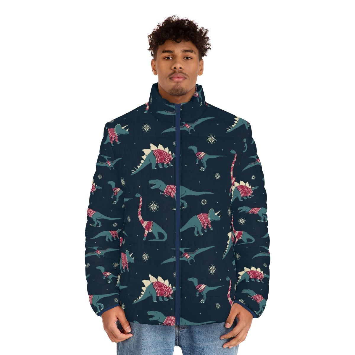 Puffer jacket featuring cute dinosaurs wearing festive sweaters - men front