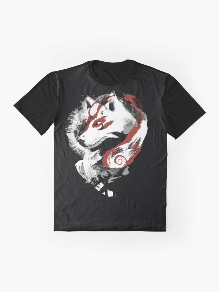 Wolf graphic design on a t-shirt with a retro, painterly style inspired by the video game Okami - Flat lay