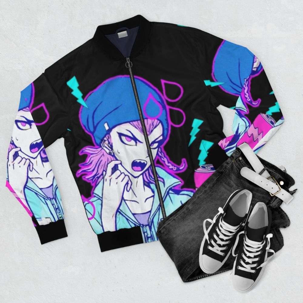 Pastel-colored bomber jacket featuring the character Kazuichi Souda from the anime/video game Danganronpa - Flat lay