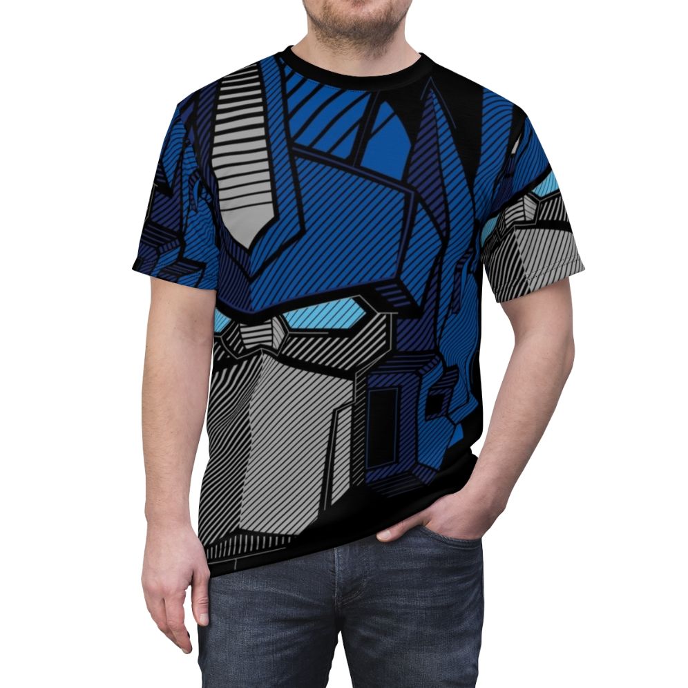 Vibrant all over print t-shirt design featuring a transformer-inspired portrait with stripes, textures, and a retro, classic anime style. - men front