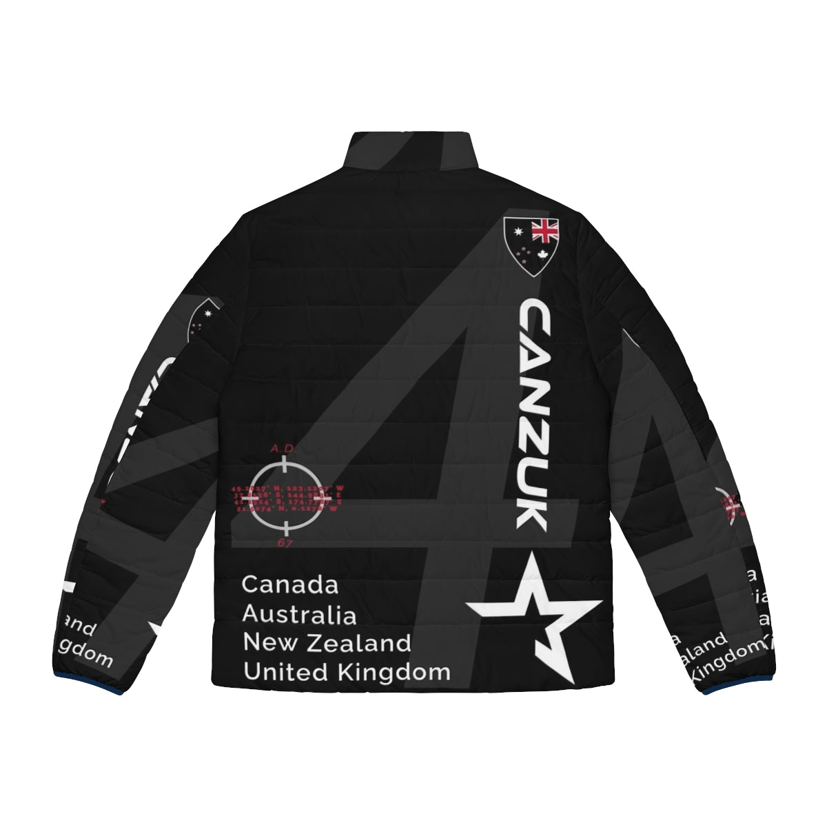 Canzuk Sports Design Puffer Jacket featuring the flags and coordinates of the international alliance - Back