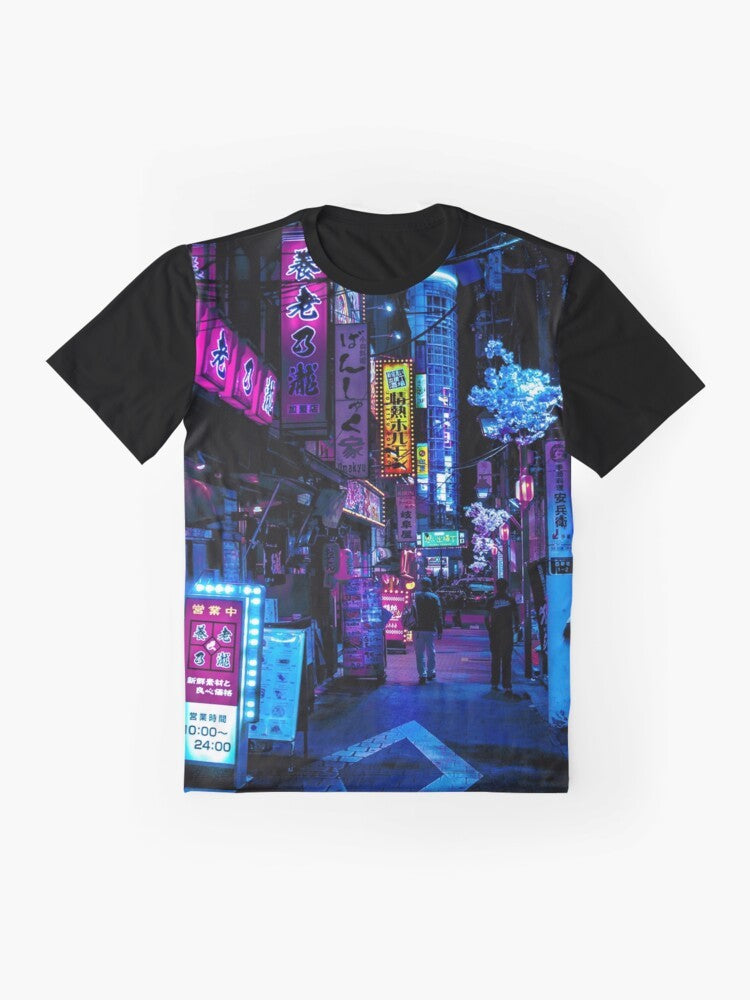 Vibrant blue Tokyo alley graphic with neon lights, cyberpunk and sci-fi inspired design. - Flat lay