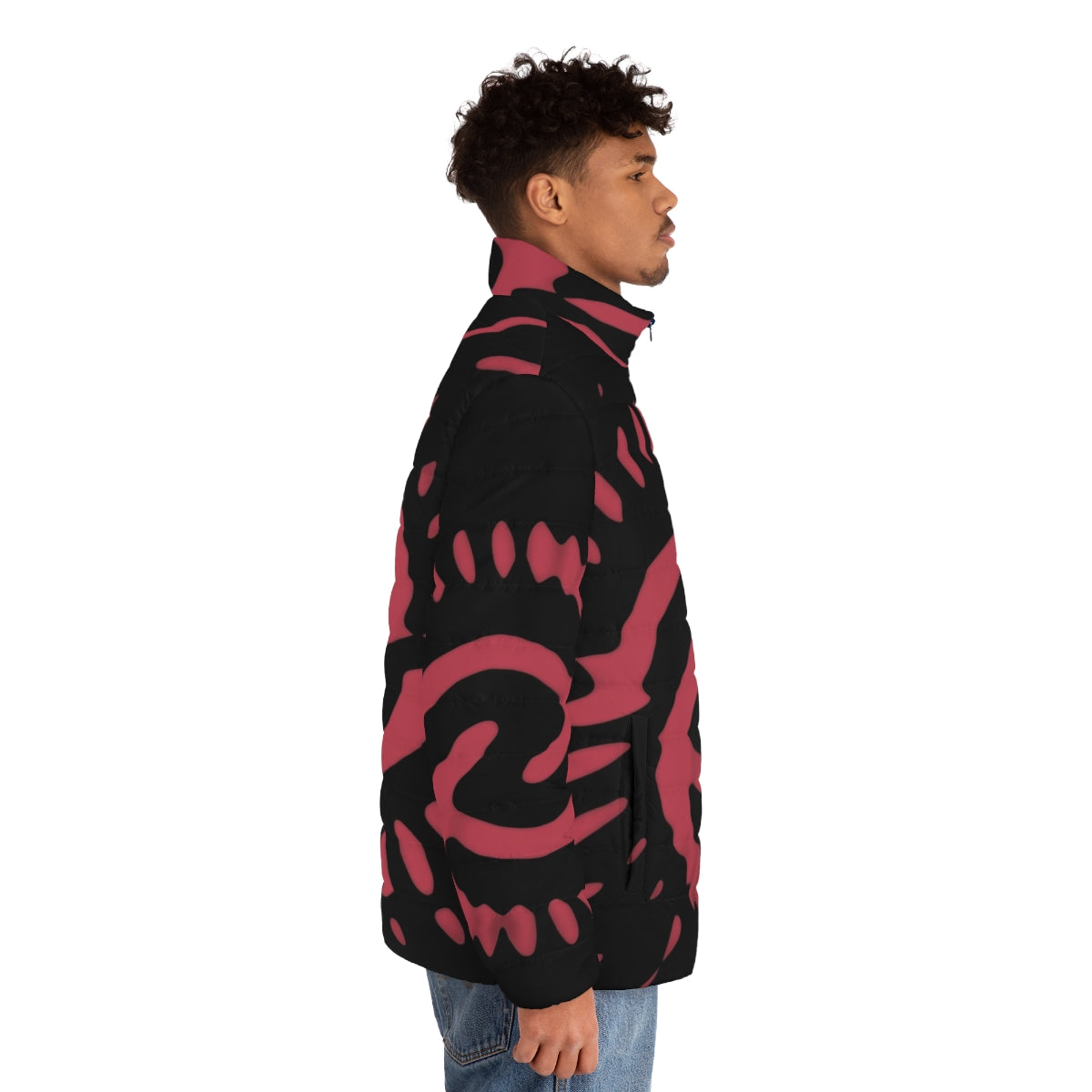 1970 pink puffer jacket with abstract time vortex pattern - men side right