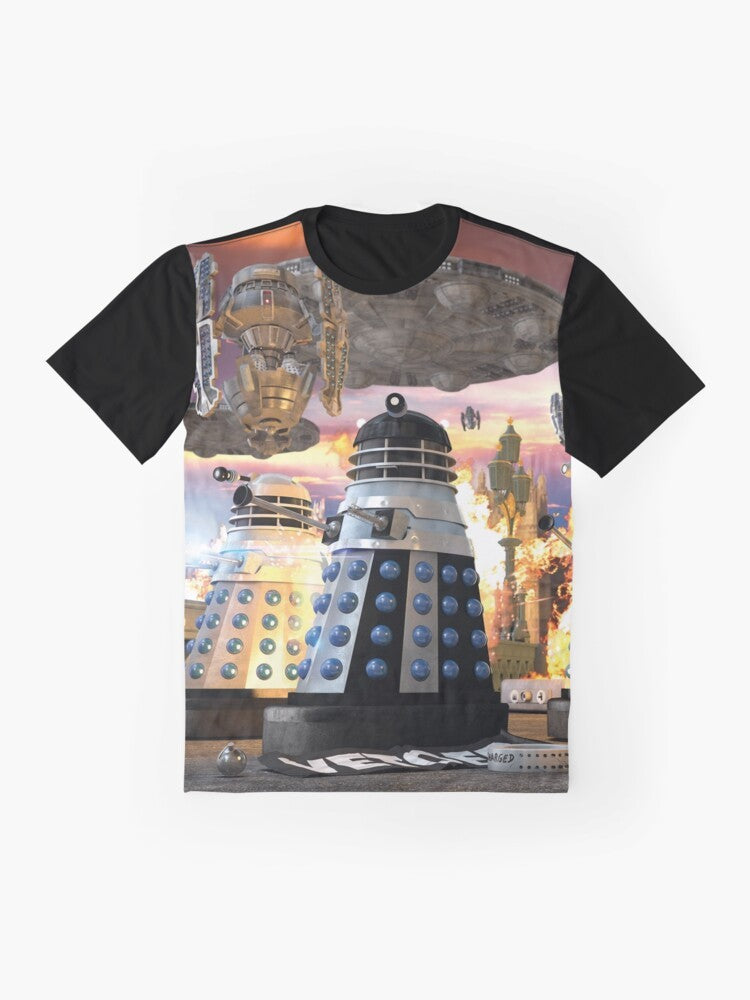 Graphic t-shirt with a striped design featuring the iconic Daleks from the sci-fi series invading Earth - Flat lay