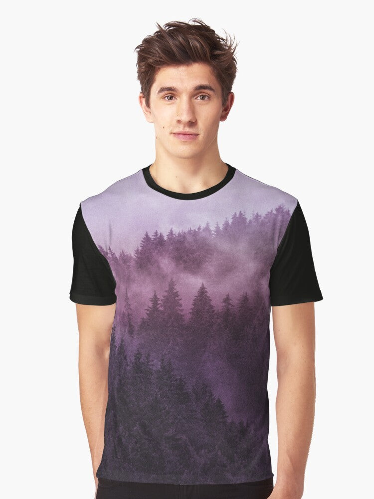 Graphic t-shirt with a design featuring a foggy, misty forest in a wilderness setting - Men