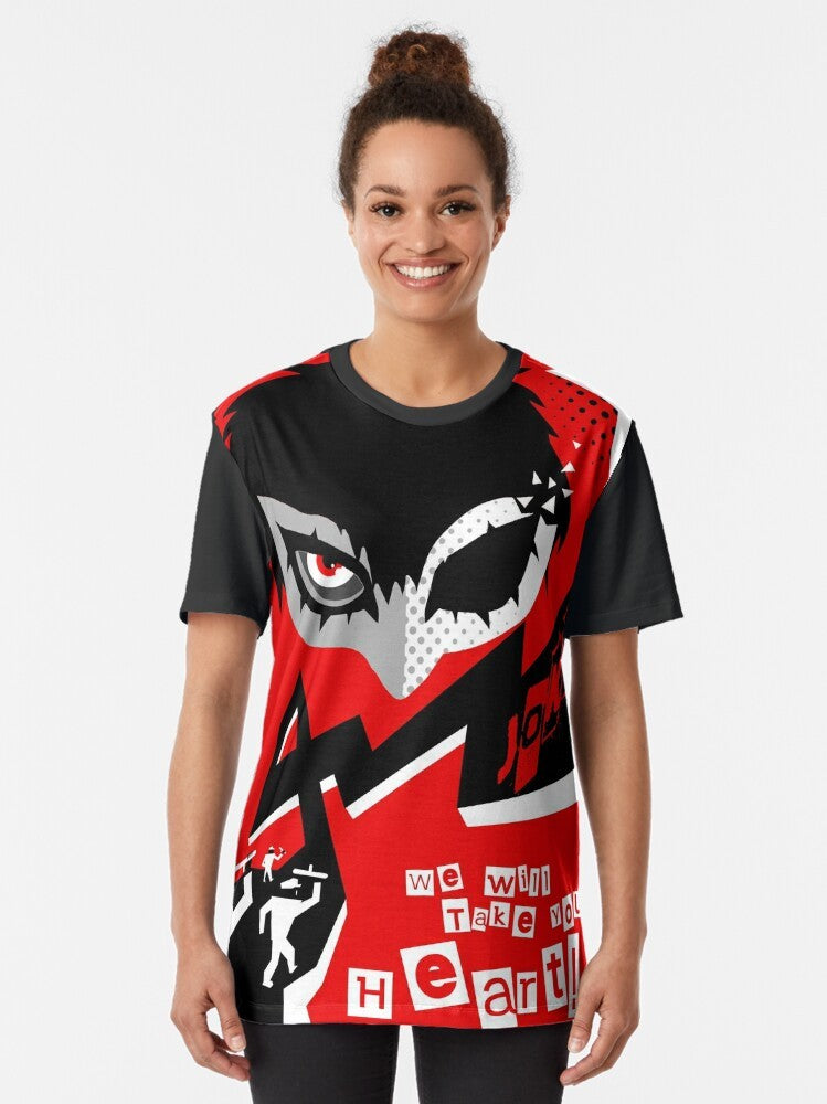 Persona 5 Joker character design with text "Take your heart" on a graphic t-shirt - Women