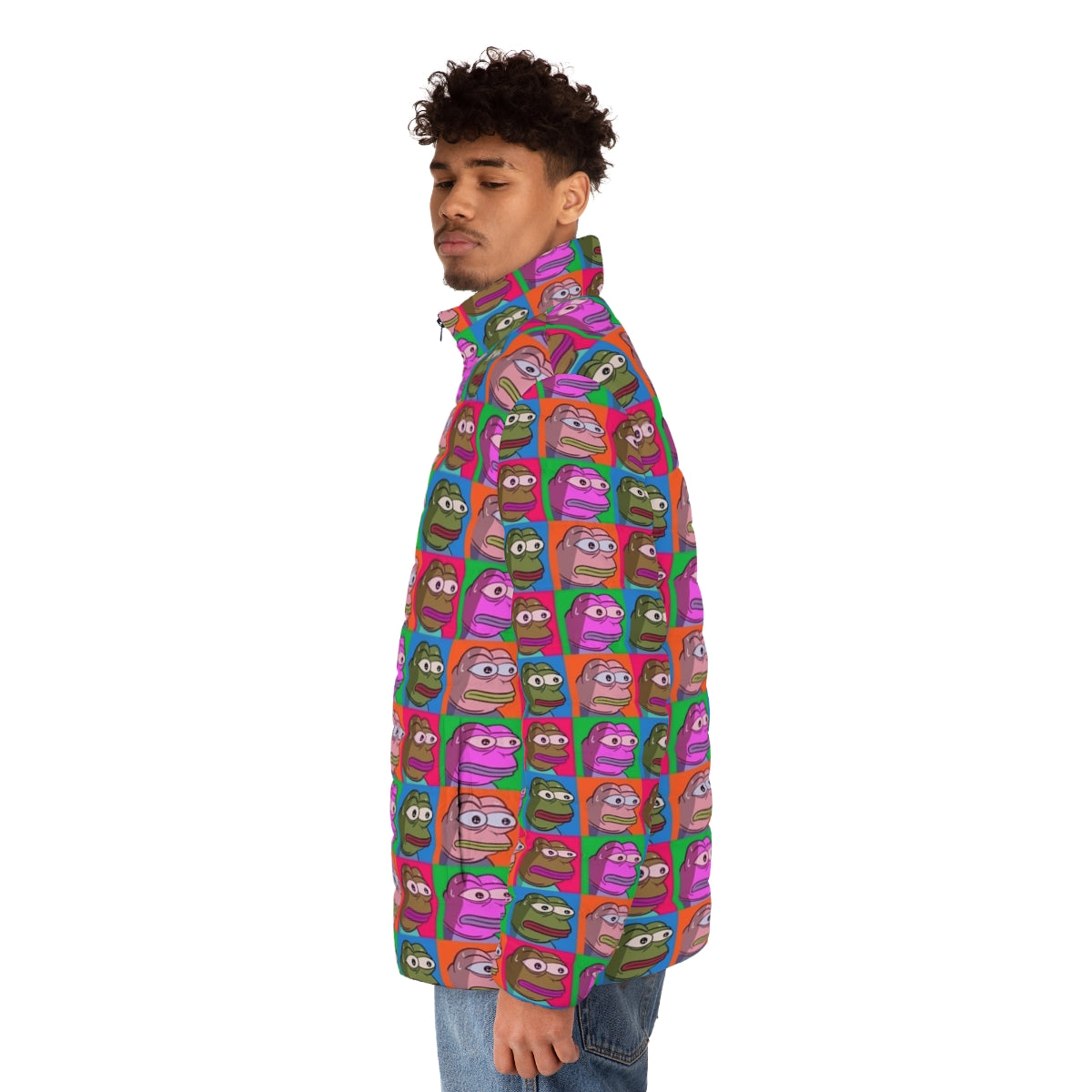 Monkas Warhol Puffer Jacket featuring Twitch emotes and pop art design - men side left