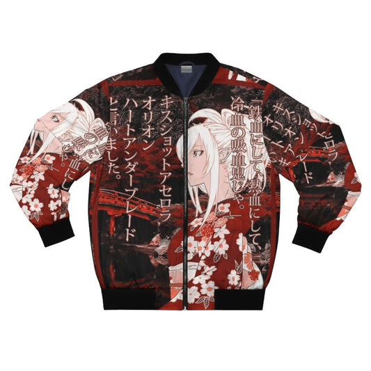 Kiss-Shot Acerola-Orion Heart-Under-Blade Yukata Bomber Jacket, featuring a vibrant red color and a quote from the popular anime and light novel series.