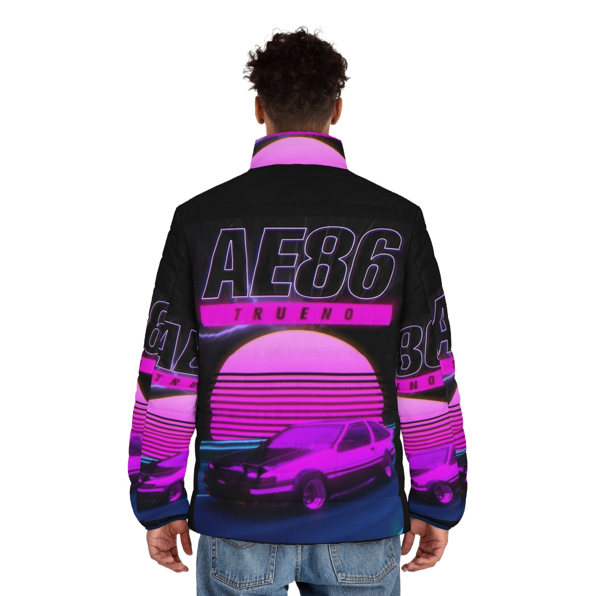 Ae86 retro synthwave puffer jacket with Initial D inspired graphics - men back