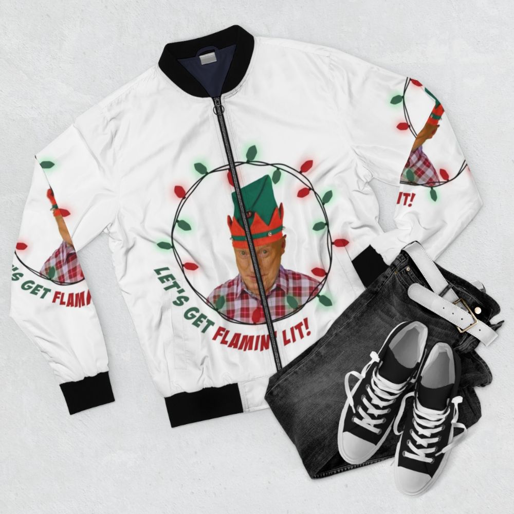 Ugly Christmas sweater bomber jacket with Elf and ALF designs - Flat lay