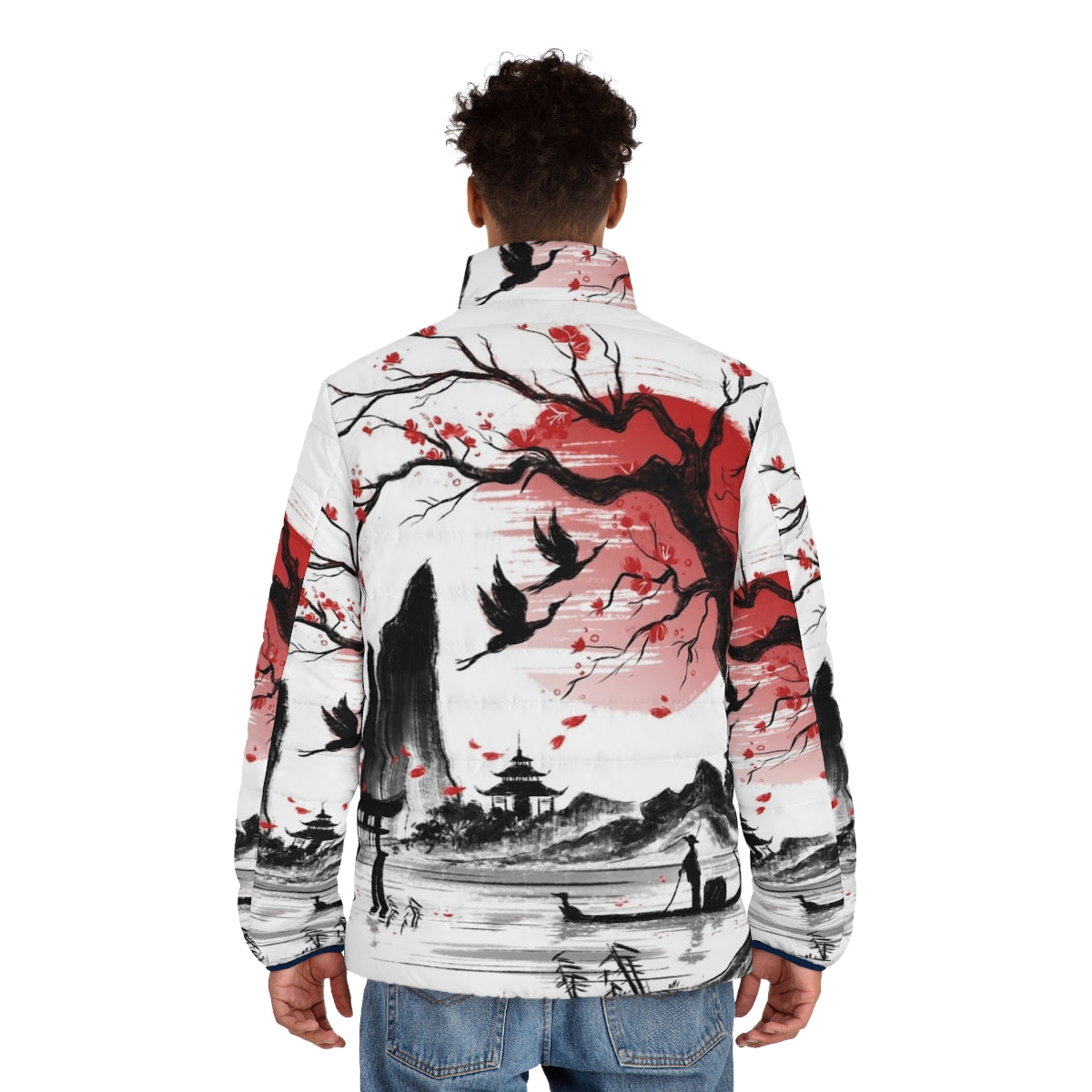 Japan Dream Puffer Jacket featuring Japanese landscape with sakura and red sun - men back