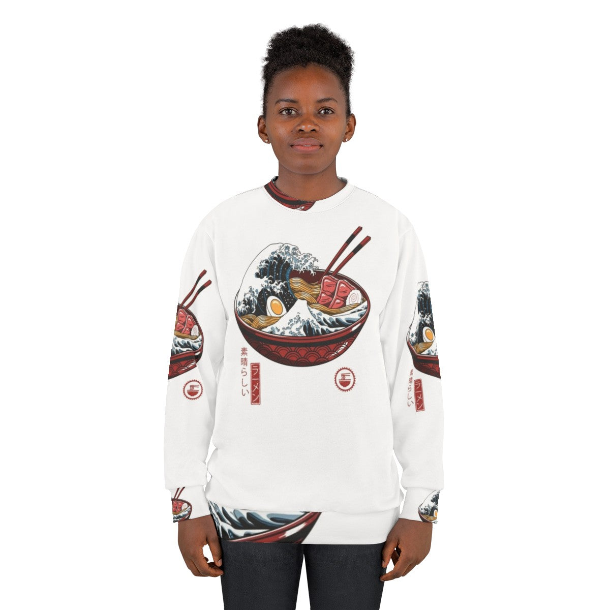 Japanese-inspired 'Great Ramen Wave' design on a white sweatshirt - women