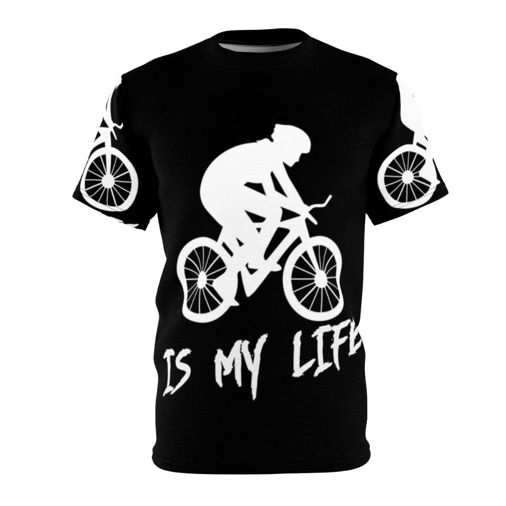 Stylish cycling t-shirt featuring a unique all-over print design for cycling enthusiasts.