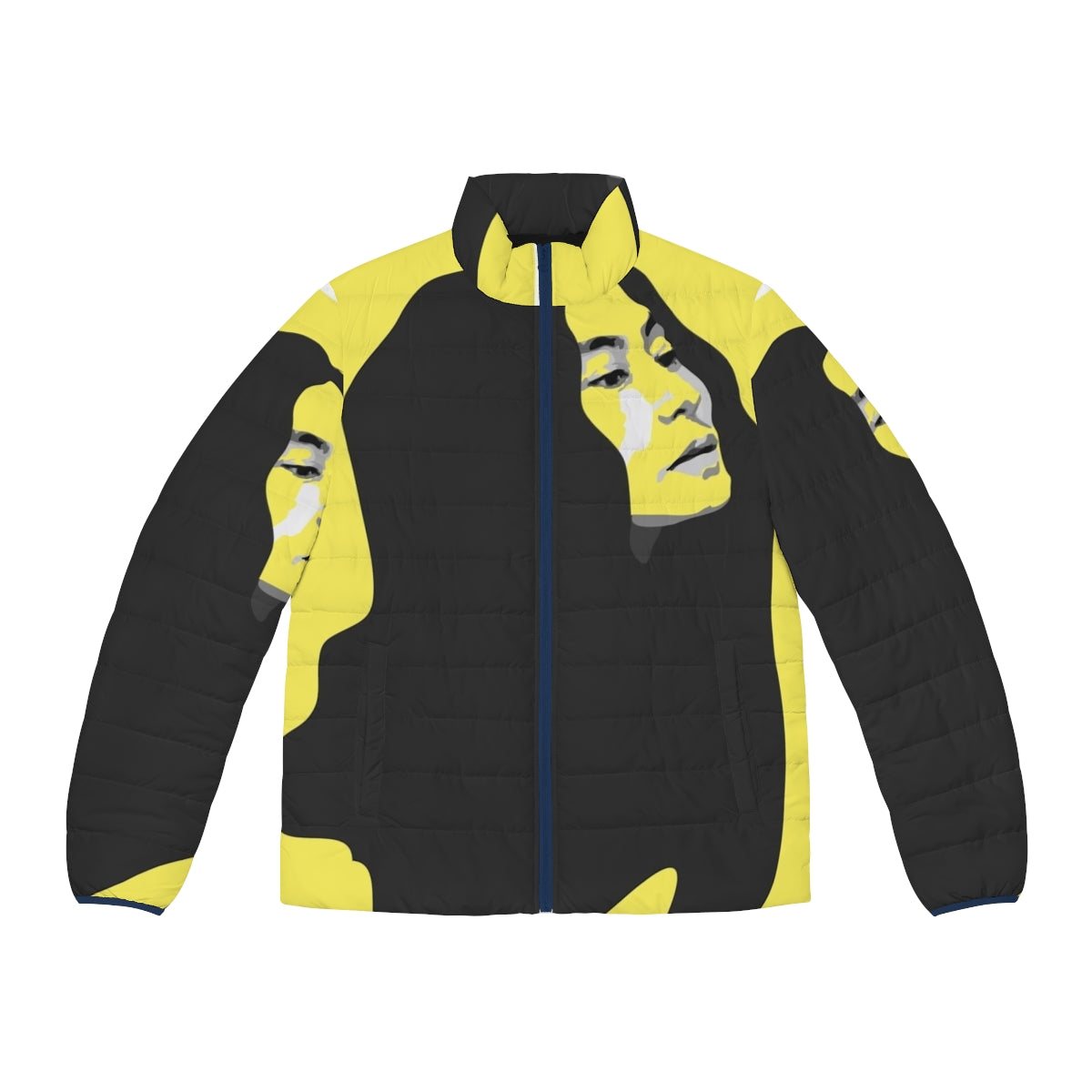 Vibrant yellow puffer jacket with Yoko Ono-inspired pop art graphic design