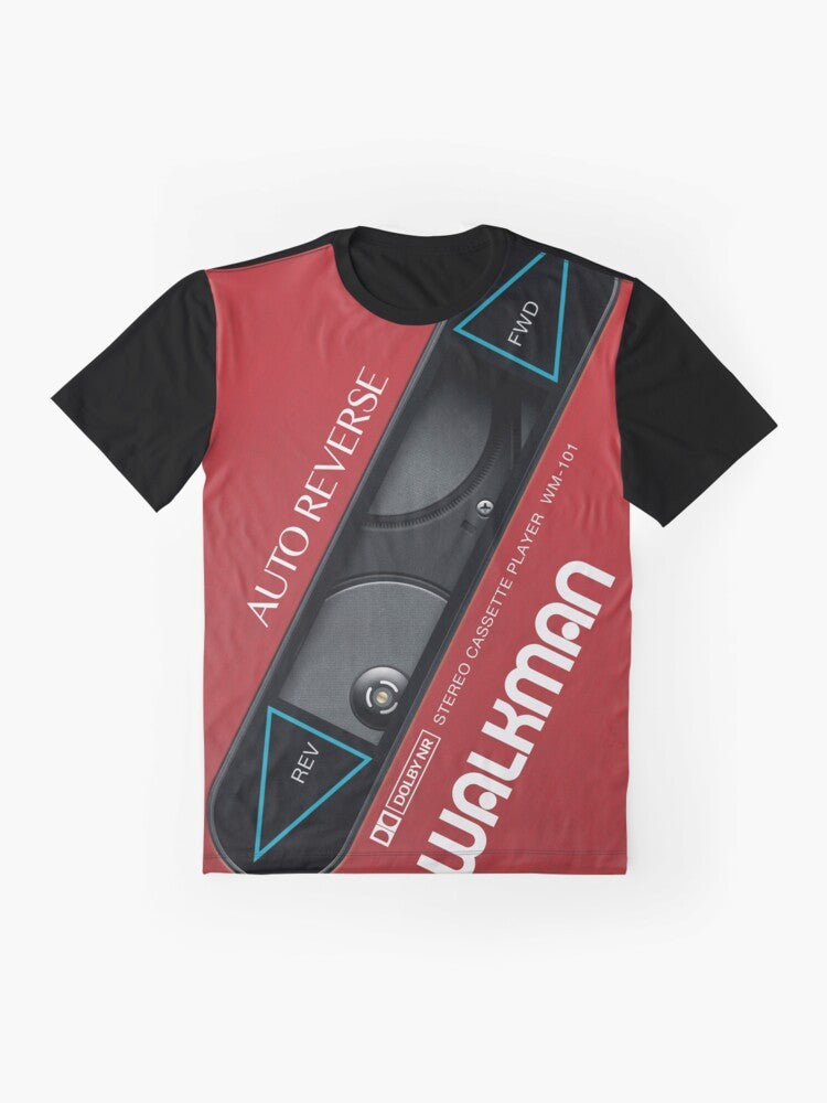 A retro-style graphic t-shirt featuring the Sony Walkman logo and cassette player design - Flat lay