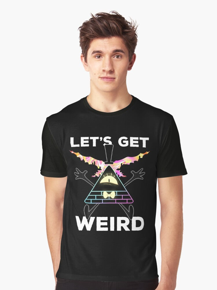 Gravity Falls "Let's Get Weird" graphic t-shirt featuring the character Bill Cipher - Men