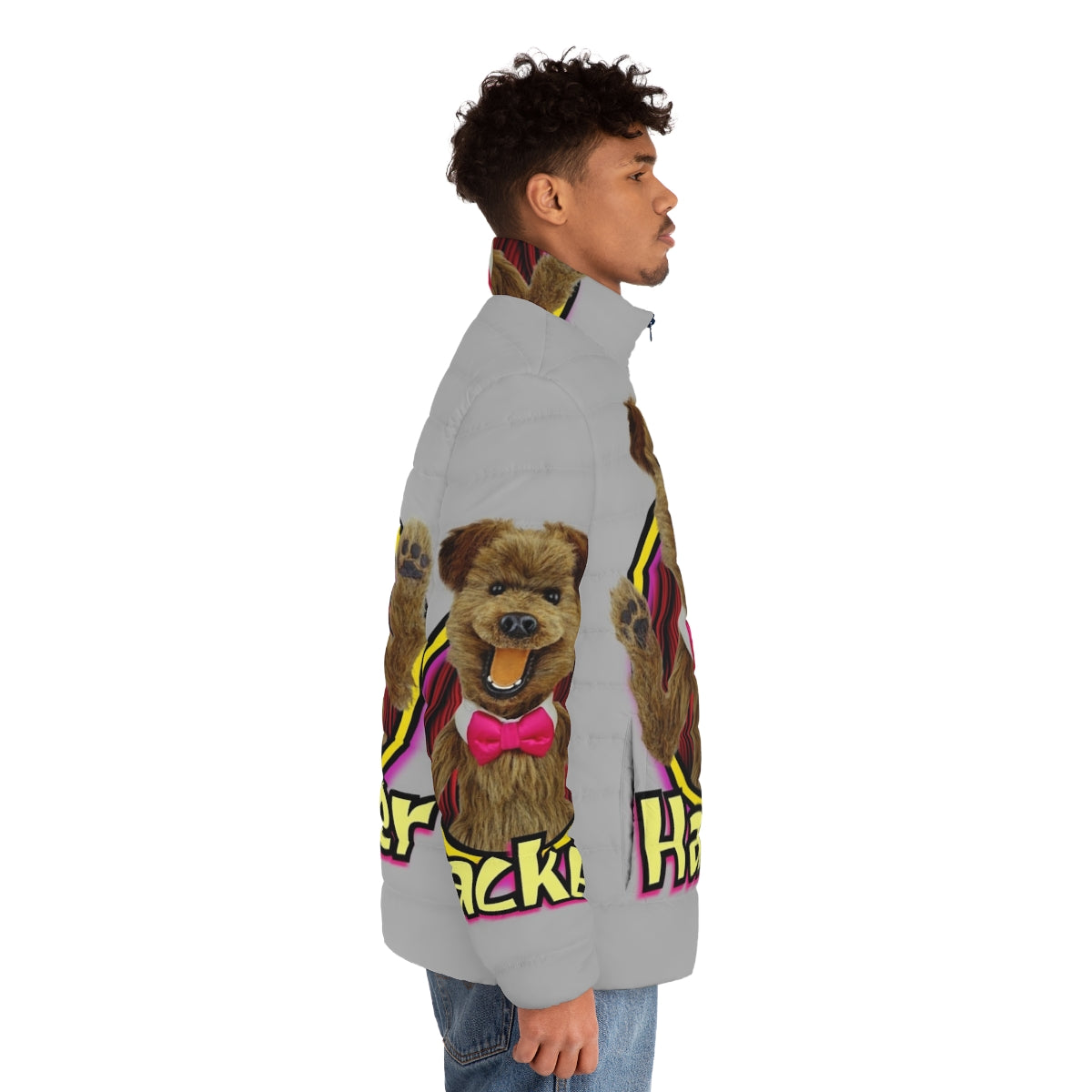 Hacker Time puffer jacket featuring a colorful retro puppet character - men side right