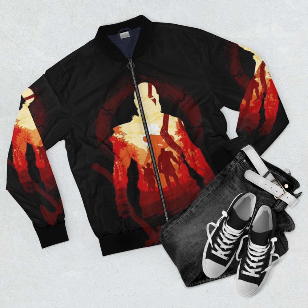 Kratos God of War bomber jacket with graphic design - Flat lay