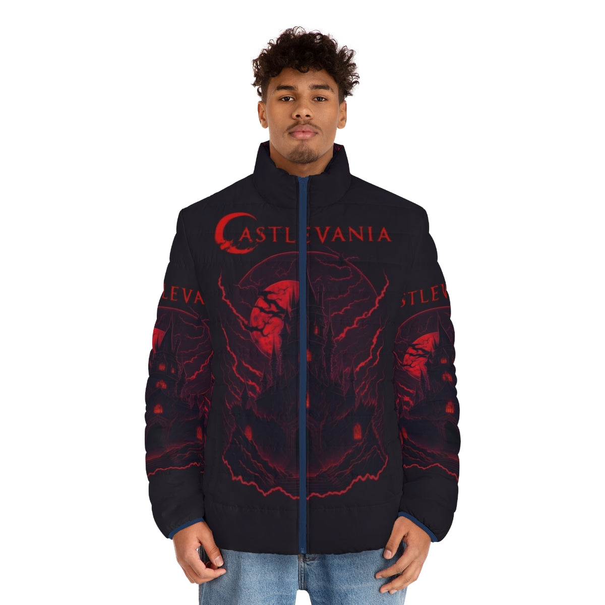 Castlevania Edge of Night Puffer Jacket featuring Alucard, Trevor Belmont, and Sypha Belnades - men front