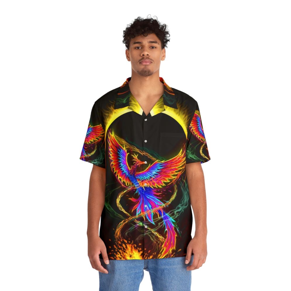 Rising Above Adversity Hawaiian Shirt featuring a phoenix and volcano in a fantasy art style - People Front