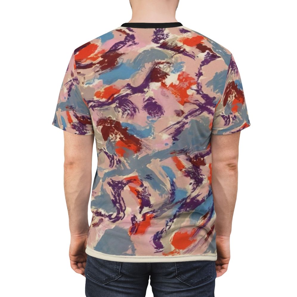 Colorful abstract t-shirt design inspired by the lyrical abstraction of French painter Alfred Manessier. - men back