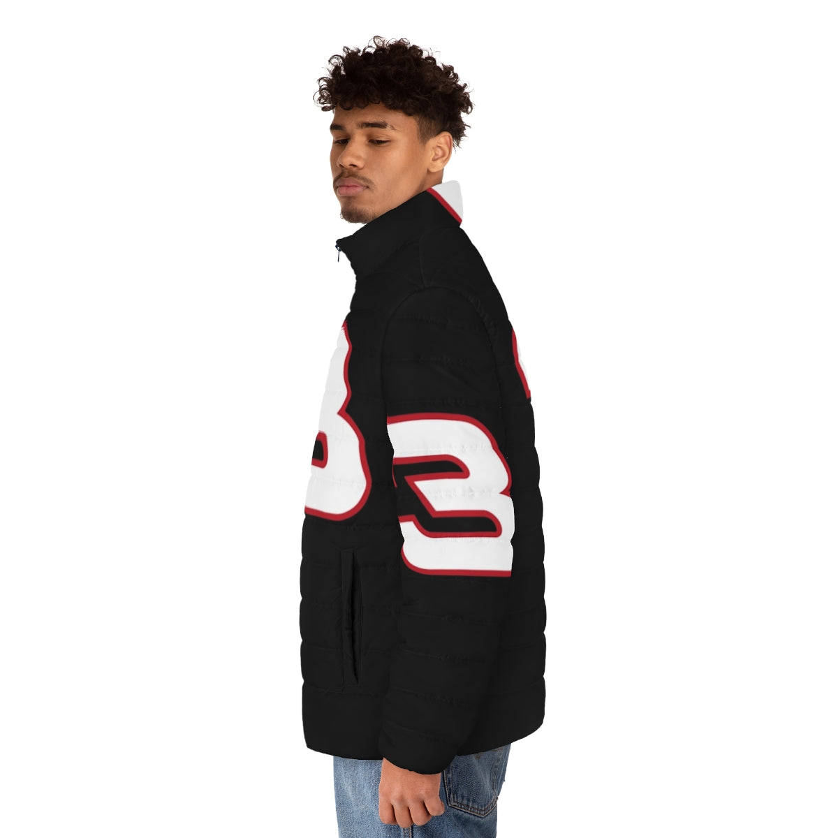 A black and white puffer jacket with the number 3 design, representing the iconic legacy of Dale Earnhardt in NASCAR racing. - men side left