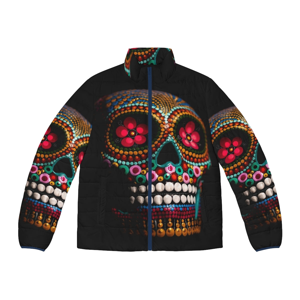 Goli multicolored skull puffer jacket with day of the dead inspired design