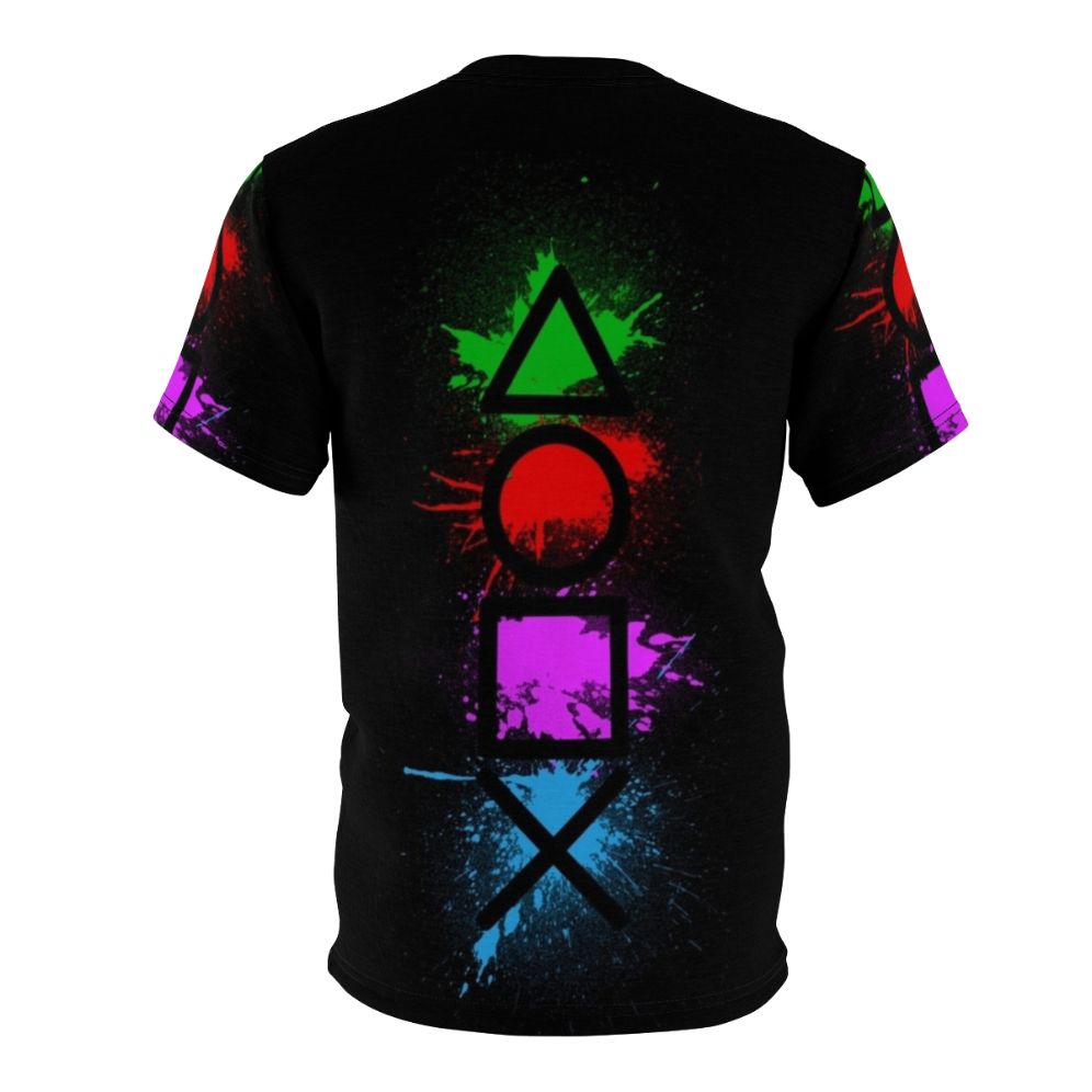 Graphic t-shirt featuring a splatter design of classic video game controller buttons - Back