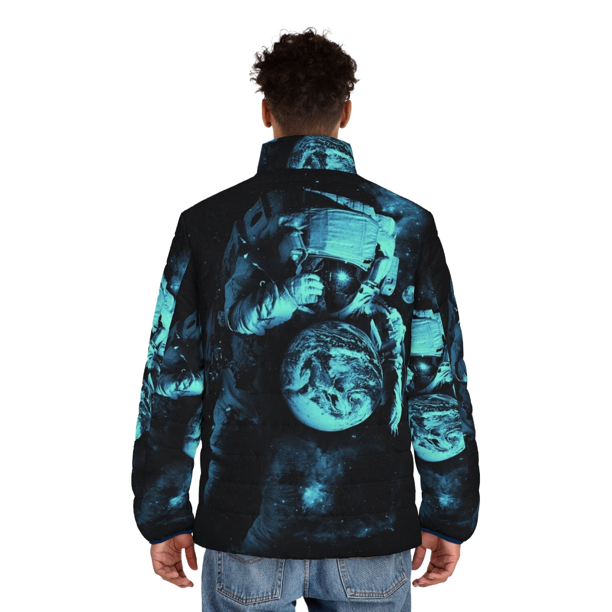 Puffer jacket with a surreal, cosmic design featuring an astronaut, planets, and the Milky Way galaxy. - men back