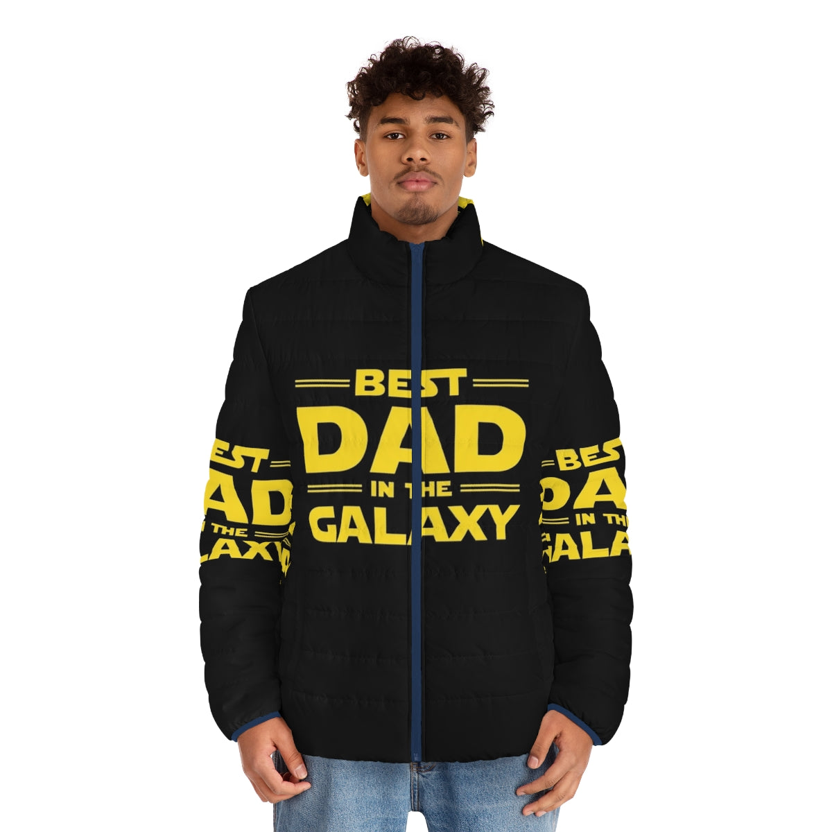 Best Dad in the Galaxy Puffer Jacket - Geeky, Space-Themed Puffer Jacket for Fathers - men front