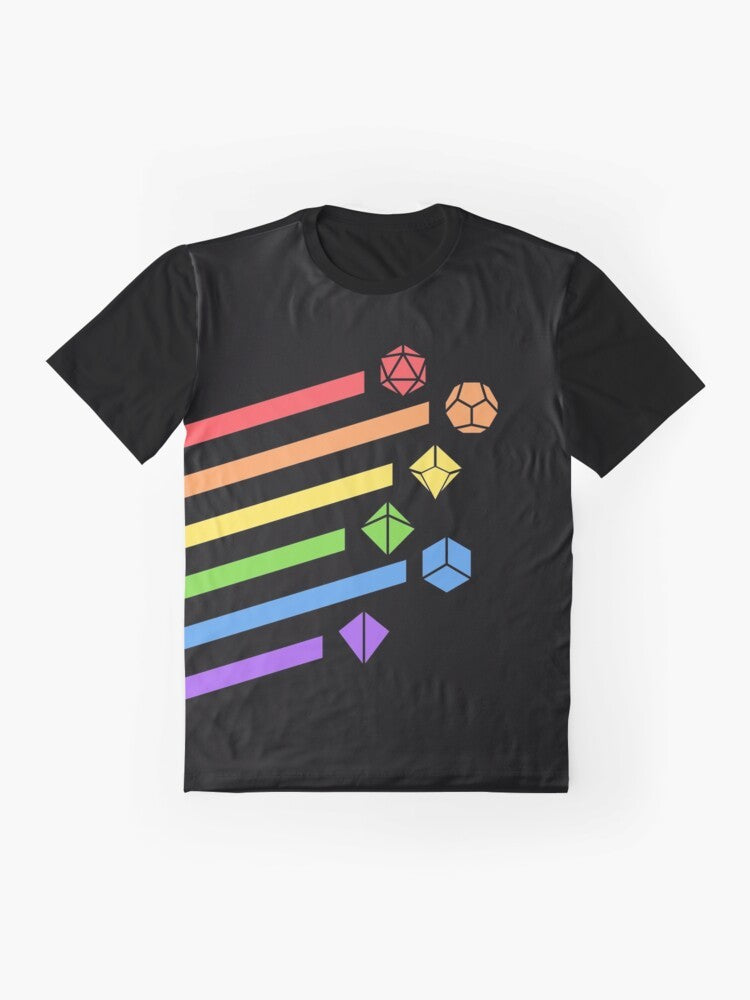 Rainbow dice set graphic t-shirt for tabletop RPG gaming enthusiasts - Flat lay