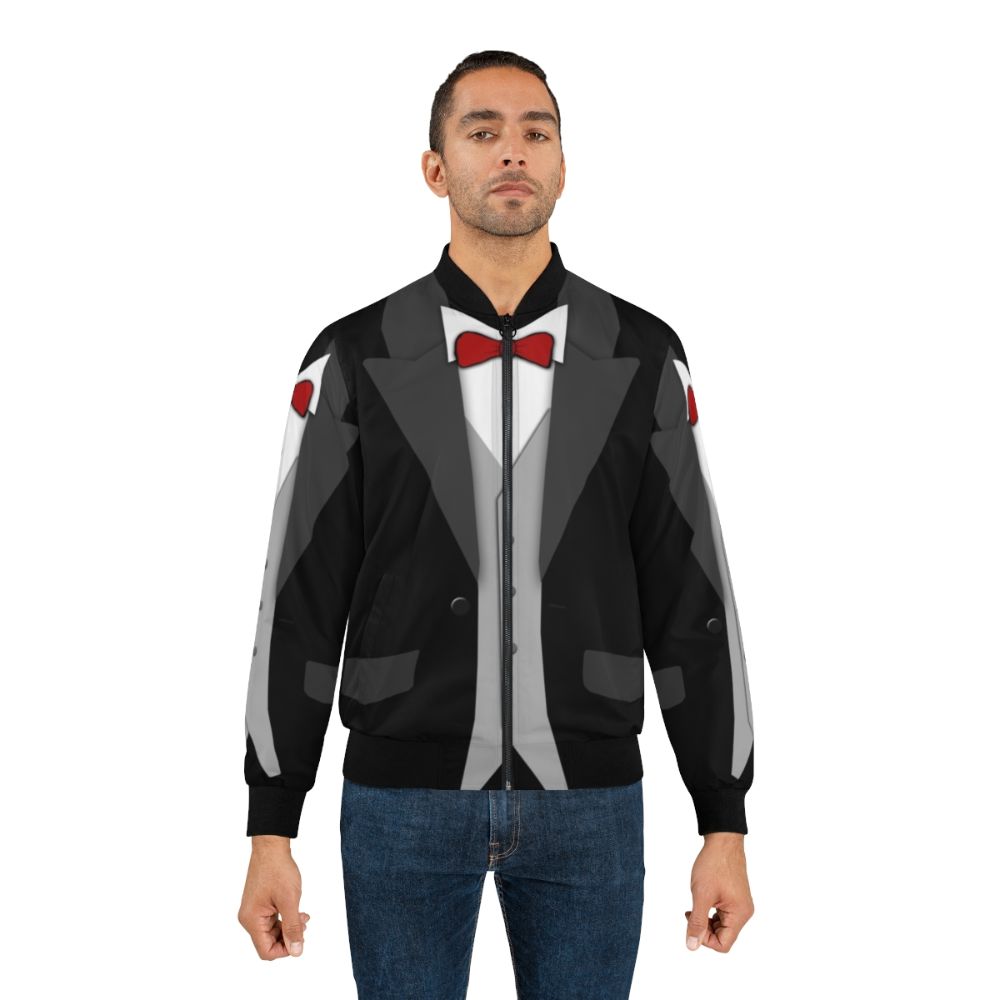 A black tuxedo-style bomber jacket with a red bow tie and vest - Lifestyle