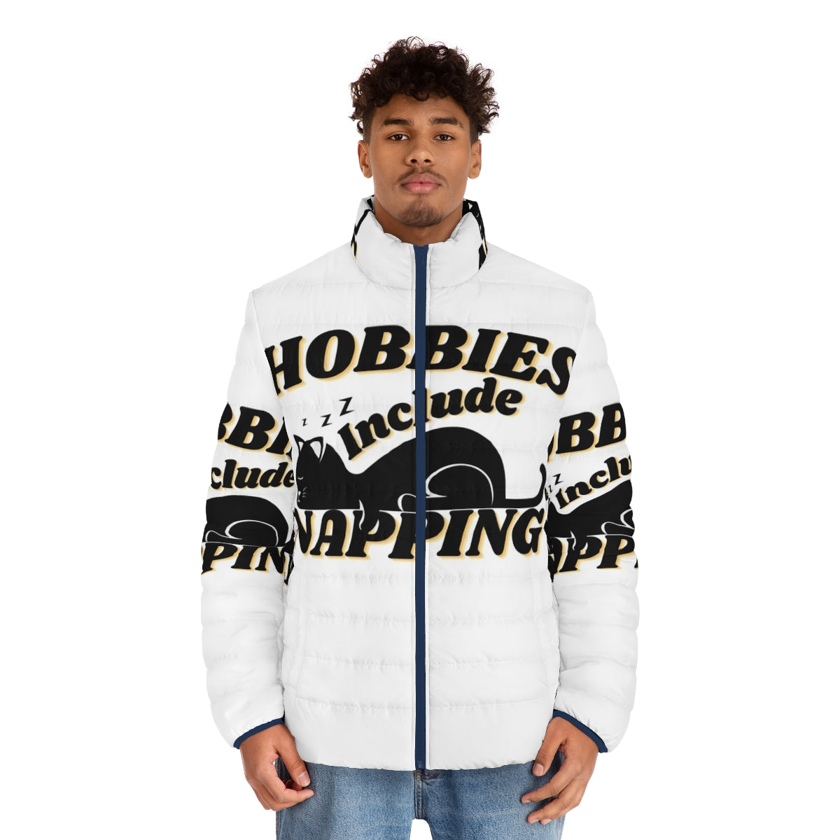 Person wearing a puffer jacket with a "Hobbies Include Napping" design - men front