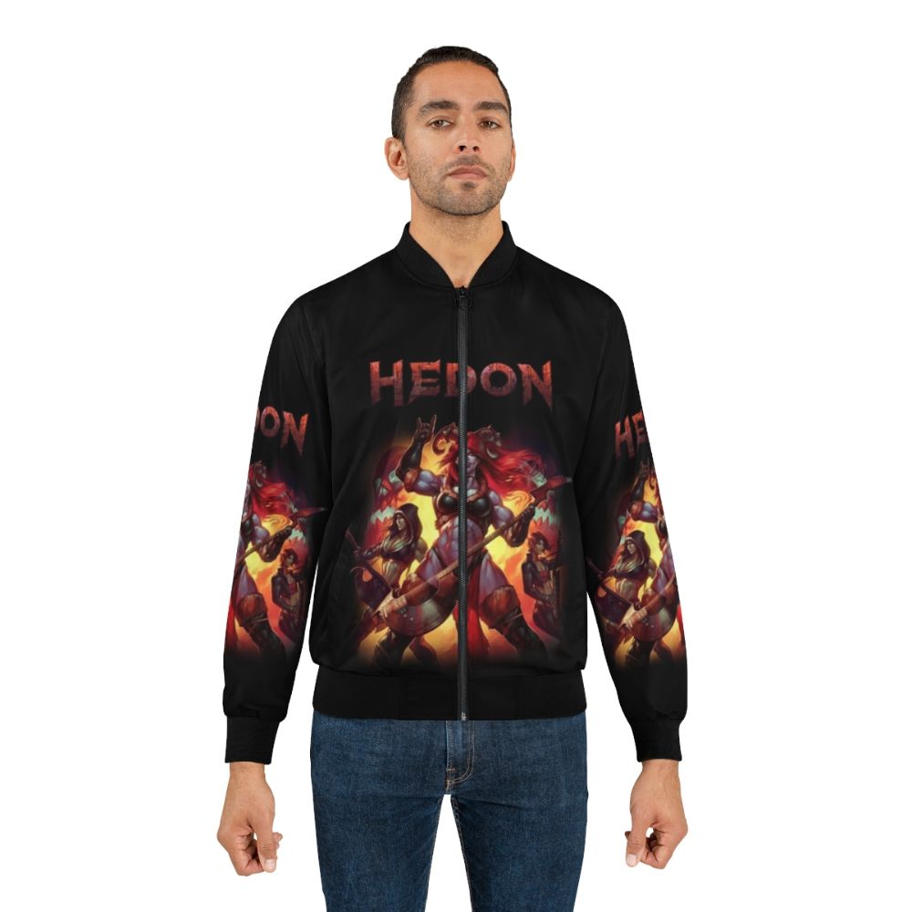 Retro fantasy HEDON bomber jacket with demon horns, featuring a striking orange and black design with skull and metal elements. - Lifestyle