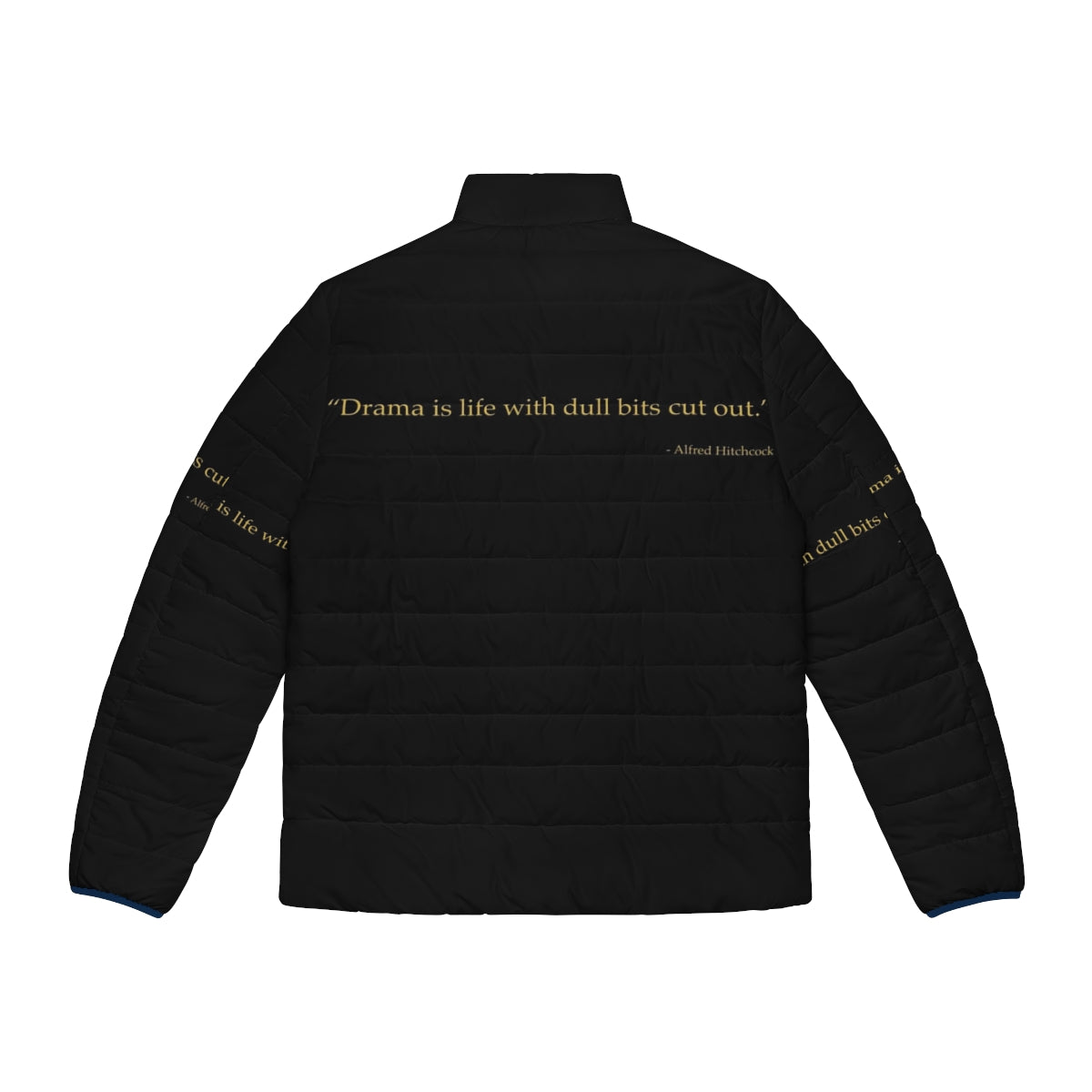 Alfred Hitchcock Quote Puffer Jacket featuring a chilling quote from the master of suspense - Back