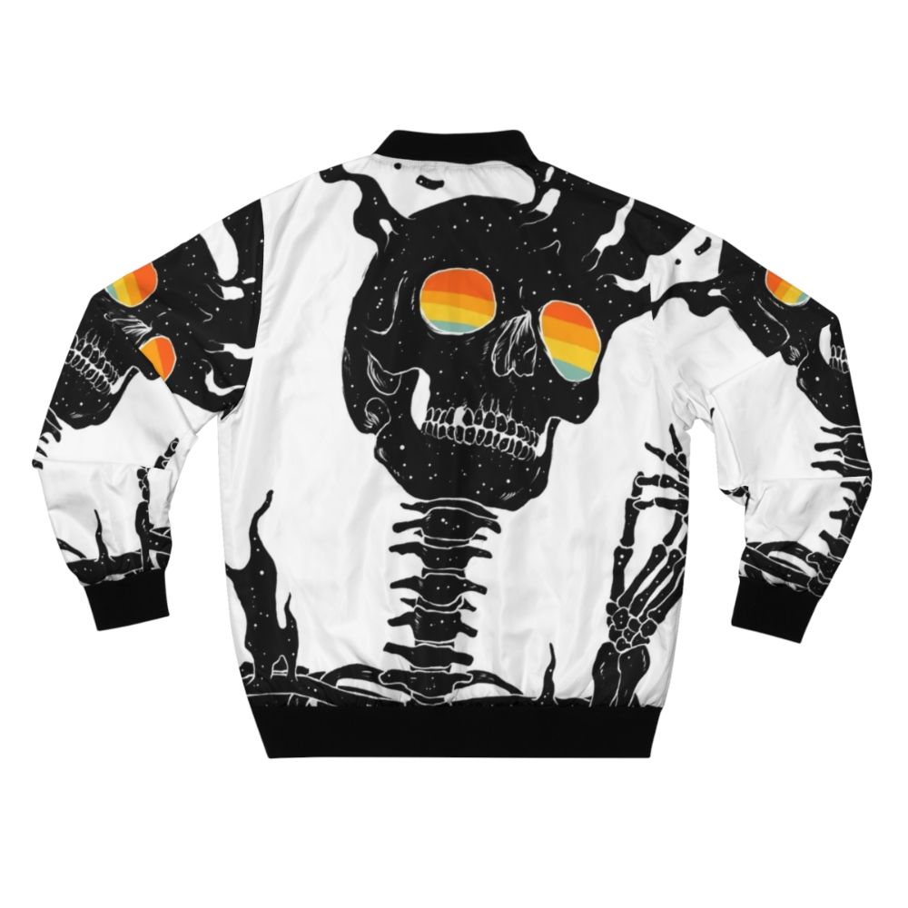 Existential Diffusion Cosmic Bomber Jacket featuring a skull, skeleton, stars, moon, and rainbow in a surreal space design - Back