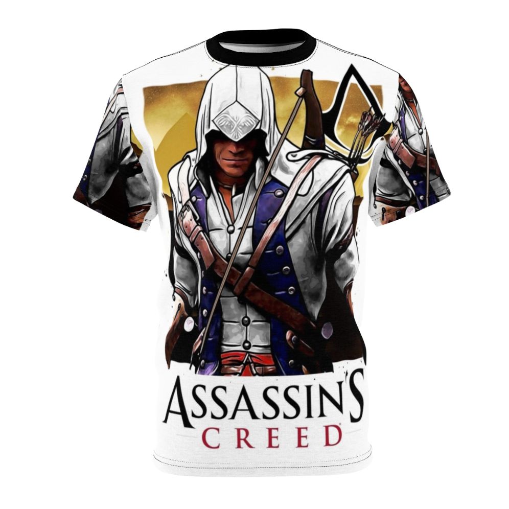 Assassin's Creed inspired t-shirt design featuring iconic symbols and characters from the popular video game franchise