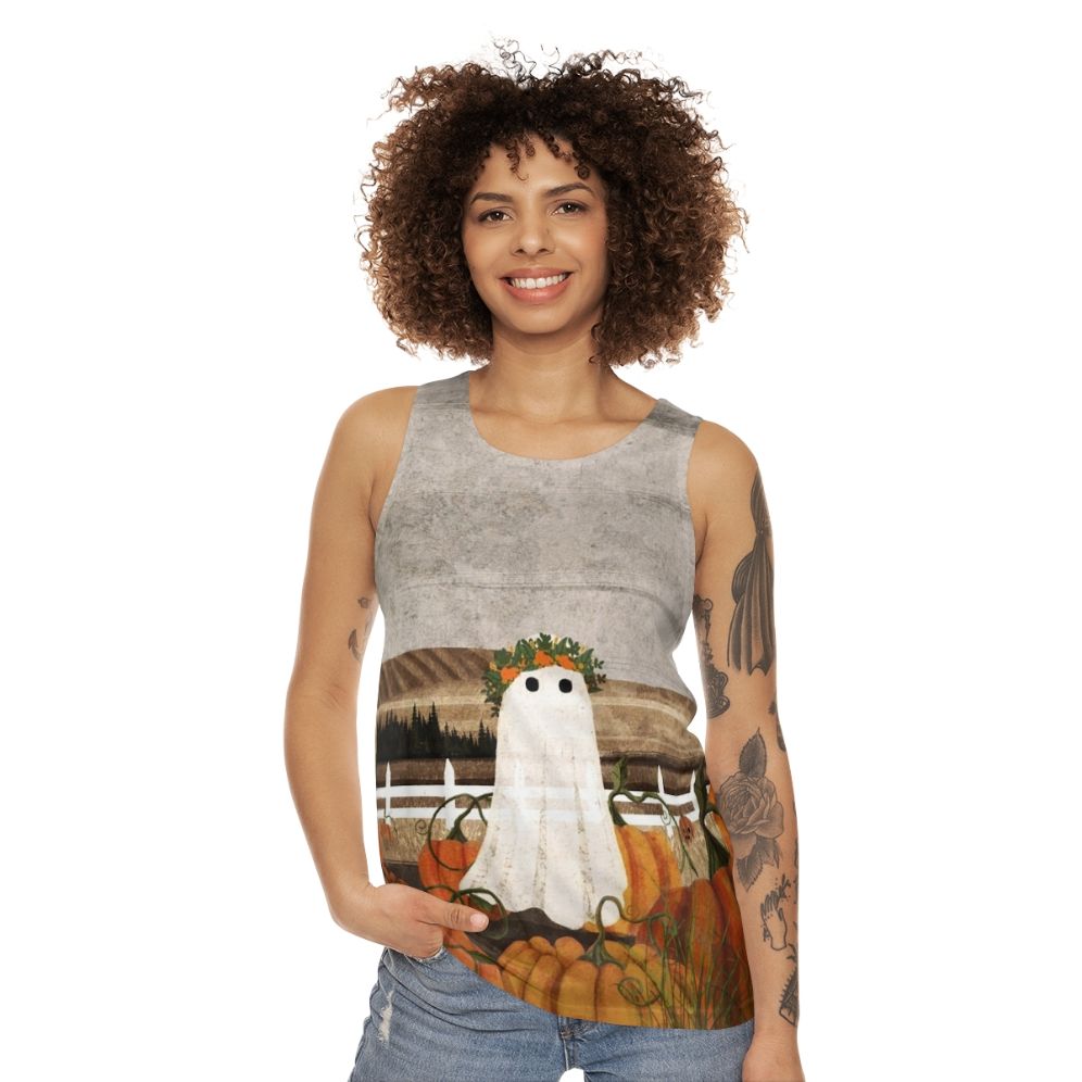 Unisex tank top with vintage pumpkins patch and ghost design - women