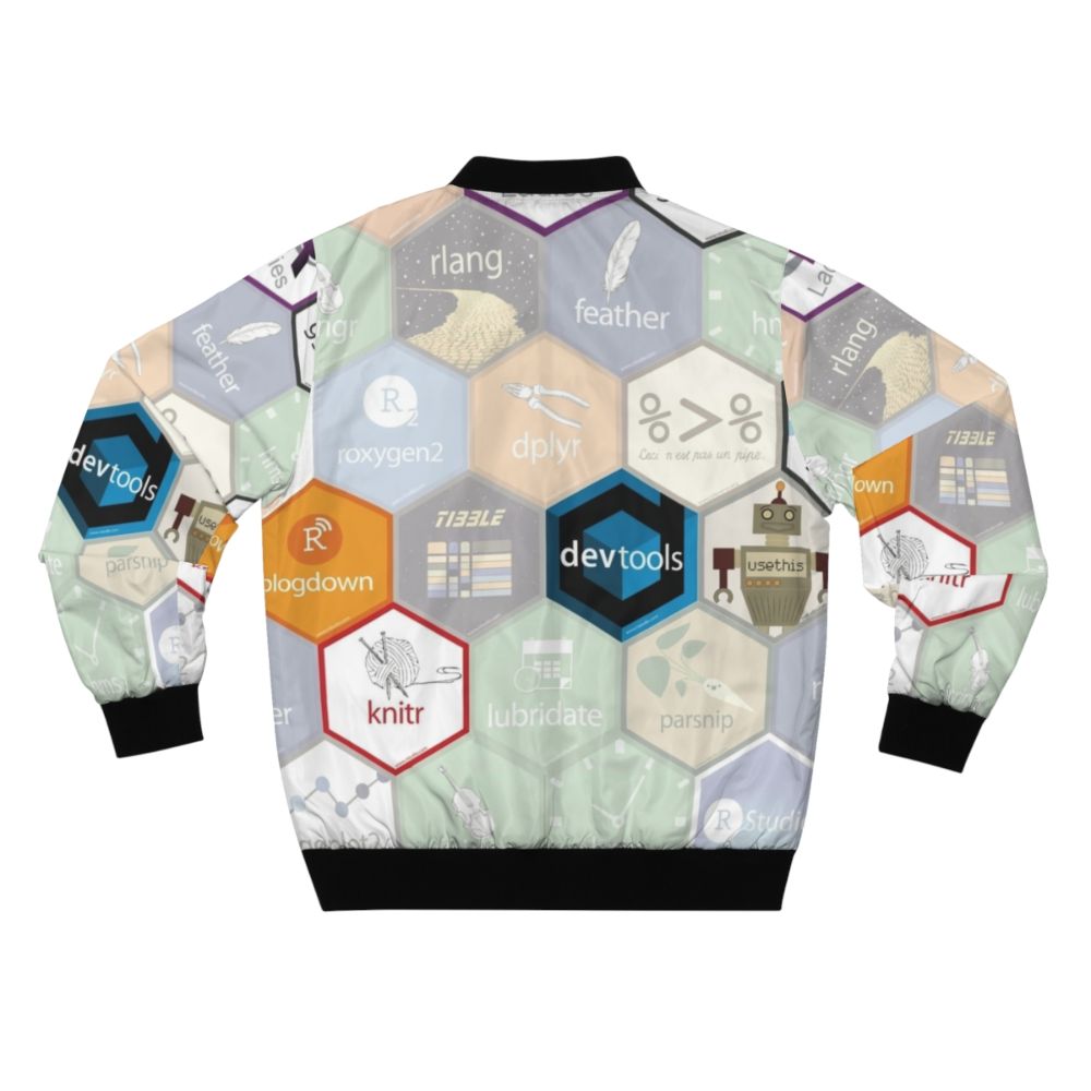 Hex design bomber jacket with large hexagonal patterns, perfect for R programming enthusiasts - Back