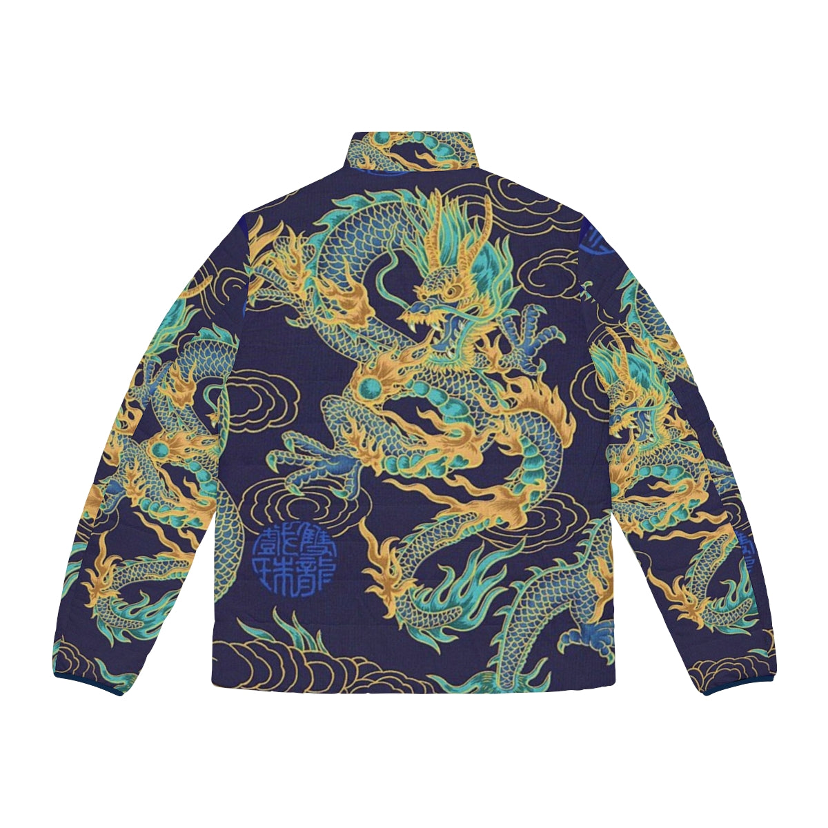 Gilded Dragon Puffer Jacket with Mythical Creature Designs - Back