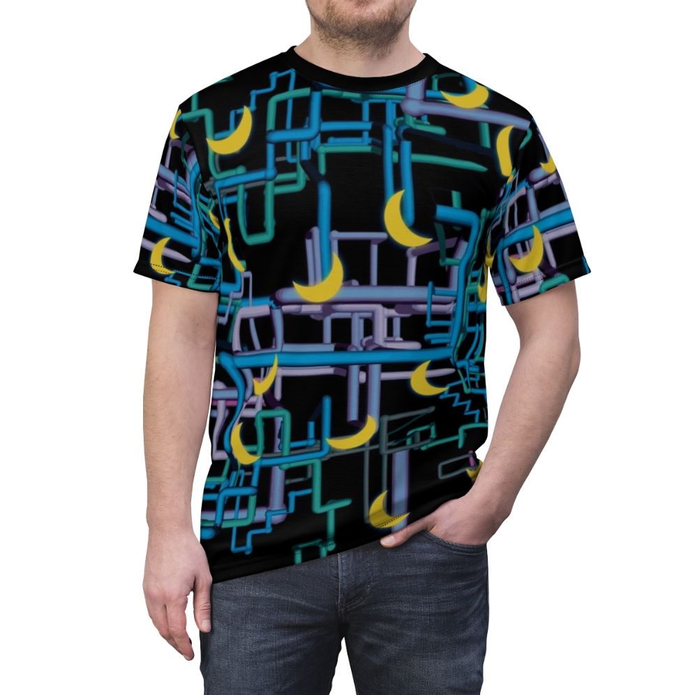 Graphic t-shirt featuring a complex, eye-catching pattern design inspired by Dan Flashes and I Think You Should Leave. - men front