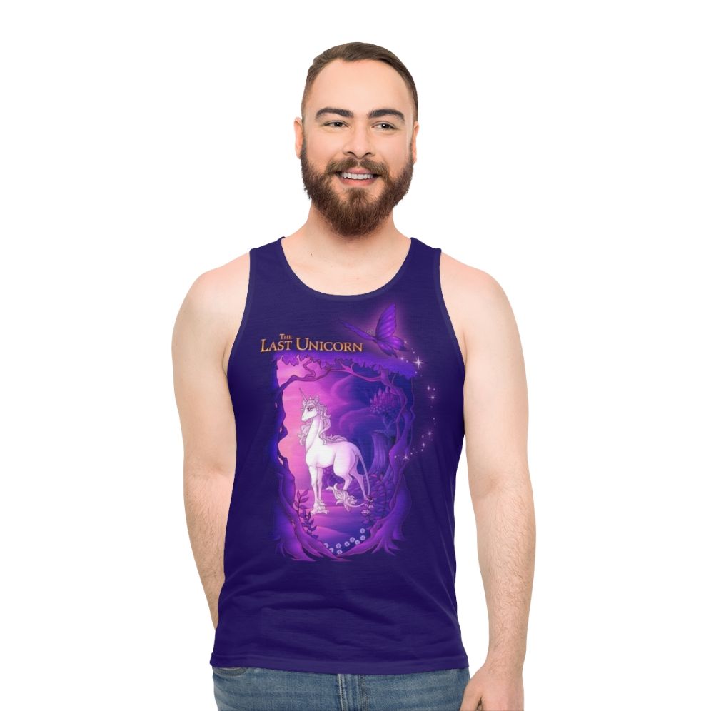 Unisex tank top featuring the last unicorn in a lilac wood - men