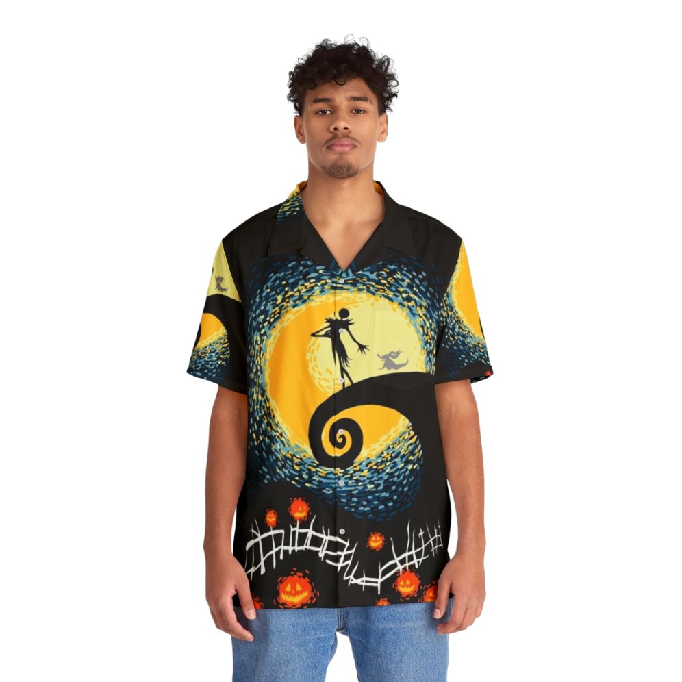 Starry Nightmare Hawaiian Shirt with Minimalist Jack Skellington Design - People Front